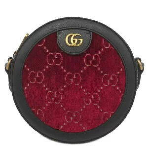 Gucci GG Velvet Round Shoulder Bag Leather Black Red Logo